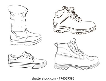 Sketch of men's and women's shoes on a white background. A set of winter shoes. Vector illustration.