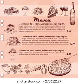 Sketch menu design of restaurant and cafe, template in vector with frames of dishes  and graphic elements