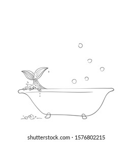 Sketch of mermaid in bathtub, Hand drawn vector illustration
