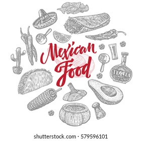 Sketch mexican food objects set with traditional elements of national cuisine and culture isolated vector illustration