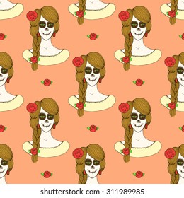 Sketch mexican girl in vintage style, vector Halloween seamless pattern