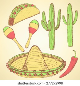 Sketch mexican set in vintage style, vector