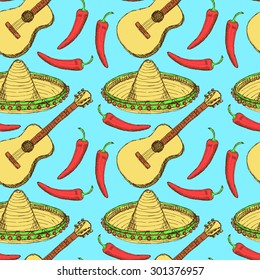 Sketch Mexican set in vintage style, vector seamless pattern