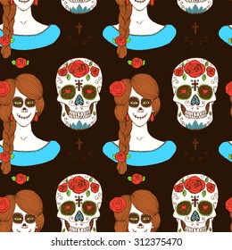Sketch mexican skull and girl in vintage style, vector seamless pattern
