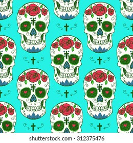 Sketch mexican skull in vintage style, vector seamless pattern