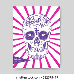 Sketch mexican skull in vintage style, vector Halloween poster