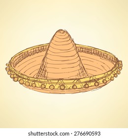 Sketch mexican sombrero in vintage style, vector