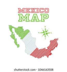 Sketch Mexico Map In National Flag Colors, Hand Drawn Vector Illustration Of North America Country Shape Isolated On White Background.