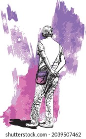 croquis d'un homme d'âge mûr de l'arrière-plan, montrant au dos, portant un t-shirt et un pantalon, ses mains sont dans son dos, il se tient sur fond grunge violet et rose