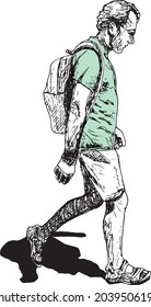 sketch of a middle-aged man walking with a backpack, and summer clothes (shorts and a green tshirt), isolated in a white background