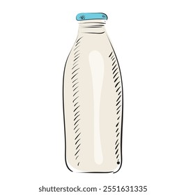 Sketch of Milk glass bottle. Container for dairy with blue cap. Hand draw. isolated Vector image.