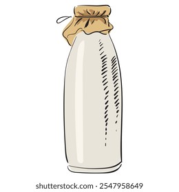 Sketch of Milk glass bottle with craft paper.  Container for dairy with natural paper cap. Hand draw. isolated Vector image.