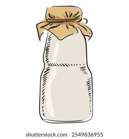 Sketch of Milk glass bottle with craft paper.  Container for dairy with natural paper cap. Hand draw. isolated Vector image.