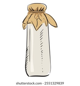 Sketch of Milk glass bottle with craft paper.  Container for dairy with natural paper cap. Hand draw. isolated Vector image.