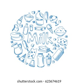 Sketch milk products, farm breakfast vector concept with doodle dairy icons. Set of dairy food badge, illustration of round shape organic natural dairy products