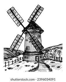 boceto de un molino en un campo, ilustración vectorial.
