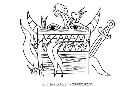 Sketch of mimic monster with eyes teeth and big tongue. Hand drawn vector illustration.