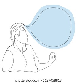 Sketch minimal concept man say think chat box drawing line art. Male boy think idea comment hand drawn continuous line concept white ioslated background. Abstract,vector,illustration.