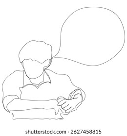 Sketch minimal concept man say think chat box drawing line art. Male boy think idea comment hand drawn continuous line concept white ioslated background. Abstract,vector,illustration.