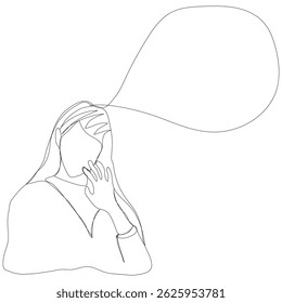 Sketch minimal concept woman say think chat box drawing line art. Female think idea comment hand drawn continuous line concept white ioslated background. Abstract,vector,illustration.