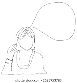 Sketch minimal concept woman say think chat box drawing line art. Female think idea comment hand drawn continuous line concept white ioslated background. Abstract,vector,illustration.