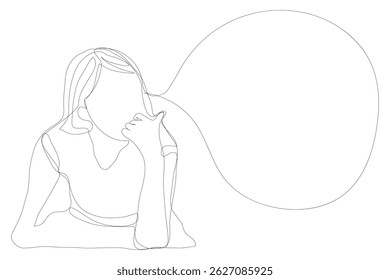 Sketch minimal concept woman say think chat box drawing line art. Female think idea comment hand drawn continuous line concept white ioslated background. Abstract,vector,illustration.