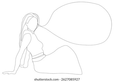 Sketch minimal concept woman say think chat box drawing line art. Female think idea comment hand drawn continuous line concept white ioslated background. Abstract,vector,illustration.