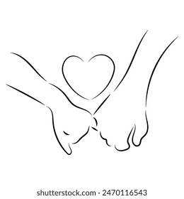 Dibujo de la mano de la retención mínima de la mano de dibujo de la pareja en el amor dibujado de la mano de la línea del amor concepto con fondo aislado blanco. Abstractas,Vector,ilustración.