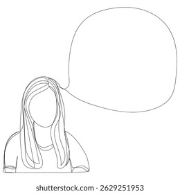 Sketch minimal woman say think chat box drawing line art. Female think idea comment hand drawn continuous line concept white ioslated background.Abstract,vector,illustration.