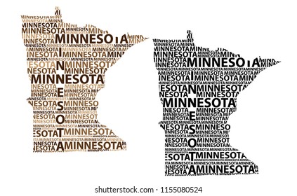 Sketch Minnesota (United States of America) letter text map, Minnesota map - in the shape of the continent, Map Minnesota - brown and black vector illustration