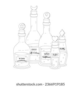 Sketch of miscellaneous magic potion, vector illustration