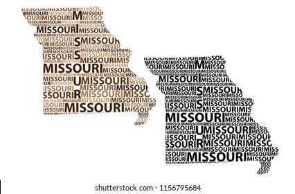 Sketch Missouri (United States of America) letter text map, Missouri map - in the shape of the continent, Map Missouri - brown and black vector illustration