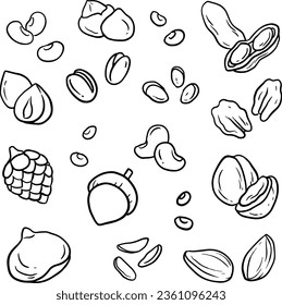 Mezcla de boceto de diferentes nueces y frutos secos. Ilustración a mano de nueces, nueces, maní, avellanas, pasas, almendras, plátanos aislados en vectores de línea negra, blanco