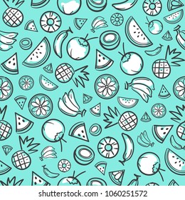 Sketch mixed tropical fruits seamless pattern background vector format