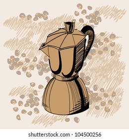 Sketch of mocha coffee maker with some  beans over brown background