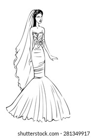 Sketch of model in bride dress.