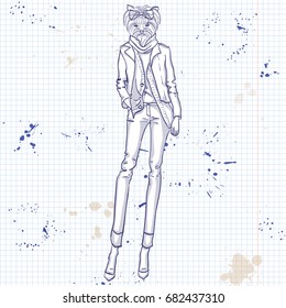 Sketch of a model with a dogs head in a bow on hair and lather jacket on a notebook page