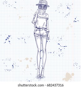 Sketch of a model with a dogs head in a hat, round sunglasses and denim shorts on a notebook page