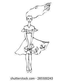 Sketch of model in dress with handbag.