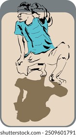 sketch model Old man carrying sack with artistic lines on colored object with shadow and vertical background - vector illustration