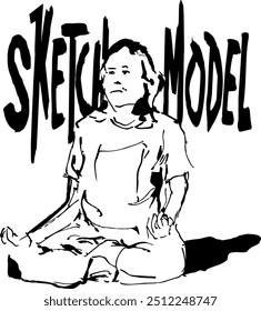 sketch of model a person figure in meditating with artistic lines on black white background and typography - vector illustration graphic