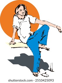 sketch of model a person sitting relaxed with artistic lines on a colored object and brown circle background - vector illustration