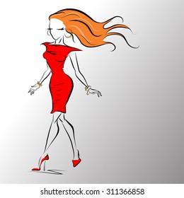 

sketch of a model in a red dress, vector