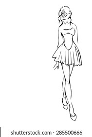 Sketch of model in short dress.