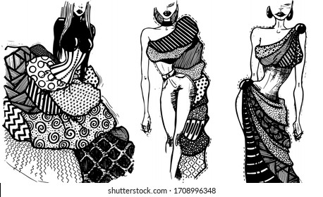 sketch of models in clothes with different orament