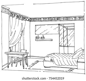 Sketch of a moder bedroom interior. Vector Illustration