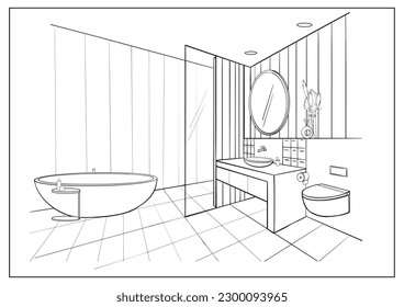 Sketch modern bathroom interior design. Vector outline drawing washroom, shower cabin, bathtub, sink, mirror, fittings, sanitary ware, equipment. Line draw interior of a room for spa procedures. 