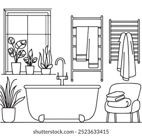 Sketch modern bathroom interior design. Vector outline drawing washroom, shower cabin, bathtub, sink, mirror, fittings, sanitary ware, equipment