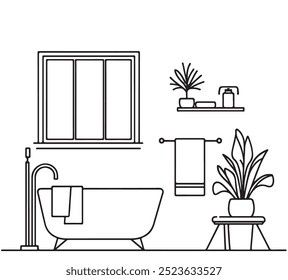 Sketch modern bathroom interior design. Vector outline drawing washroom, shower cabin, bathtub, sink, mirror, fittings, sanitary ware, equipment