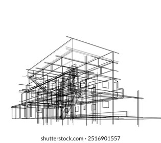 Skizze des modernen Gebäudes, Vektor 3D-Illustration 